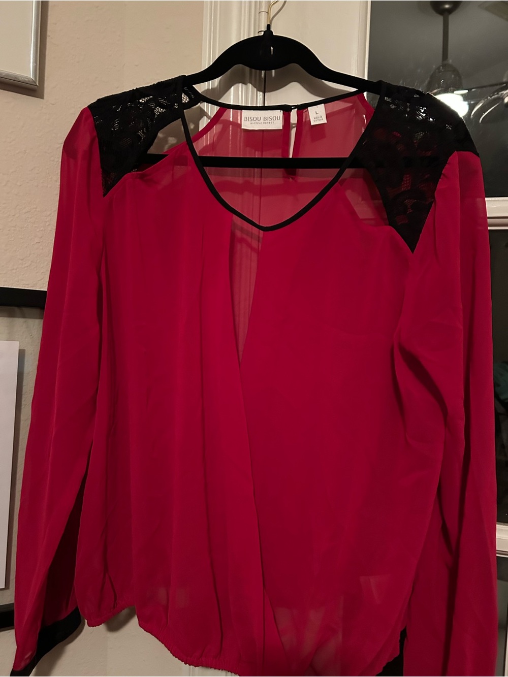 Bisou Bisou Red Blouse with Black Lace Shoulders